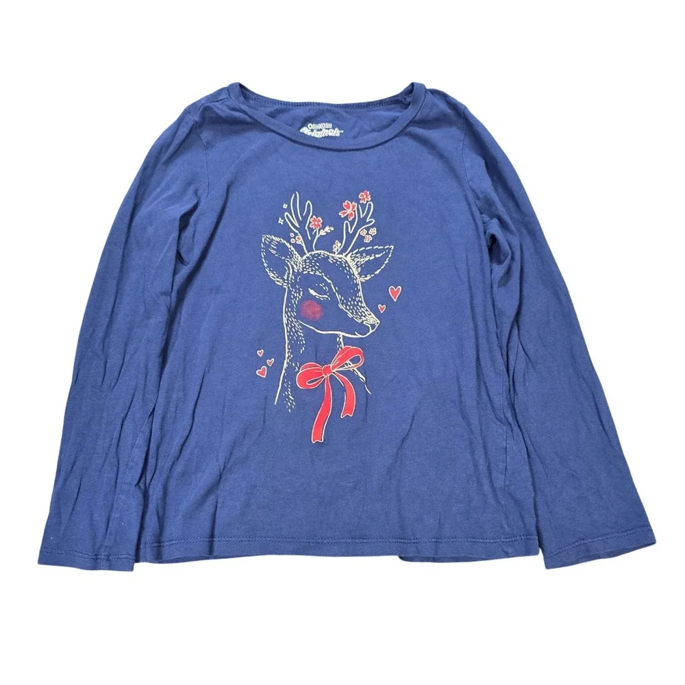 OshKosh B'gosh Reindeer Graphic Tee Shirt Girl's Size 7 7A Navy Blue Long Sleeve